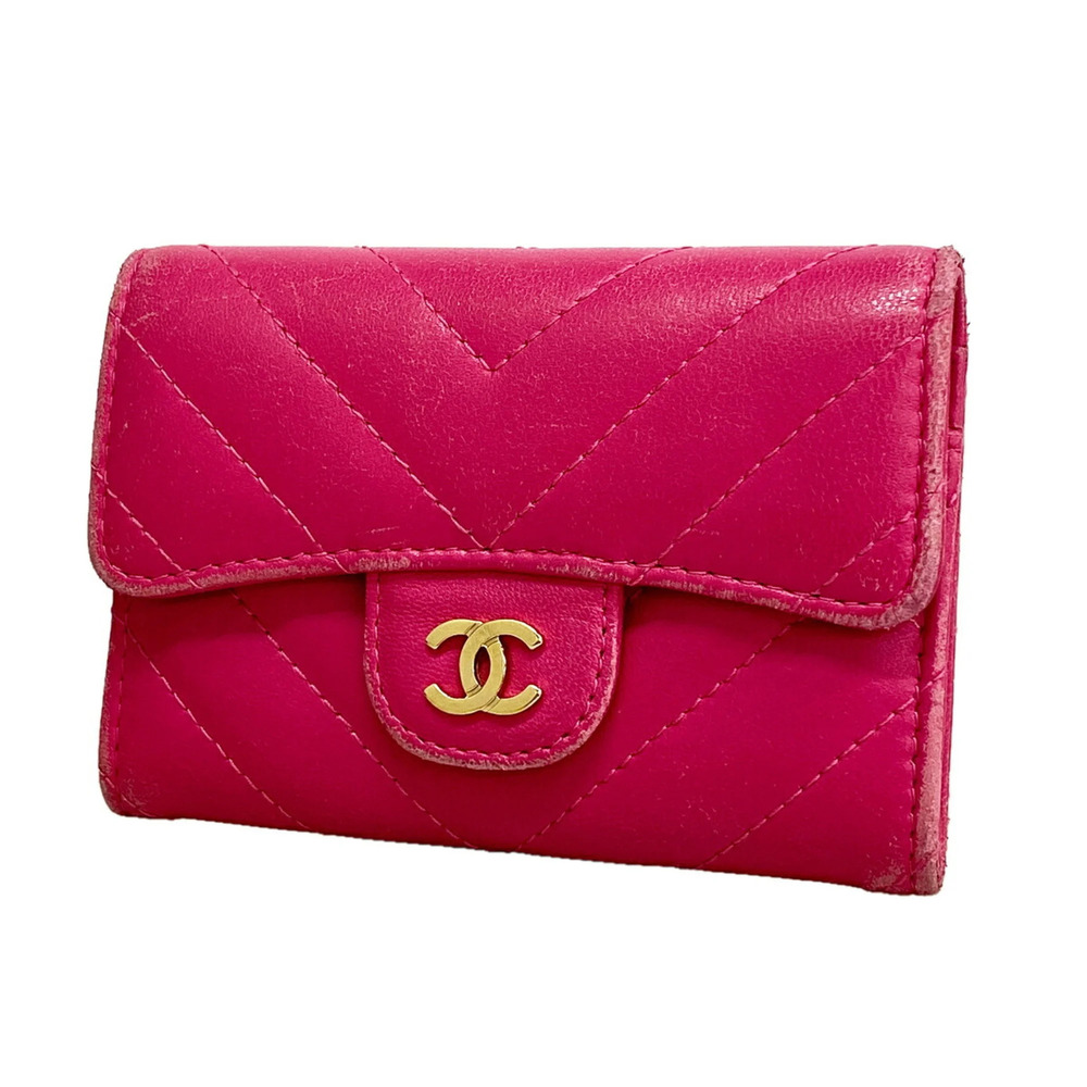 Chanel business card holder/card case, chevron pattern, lambskin, pink, women's.